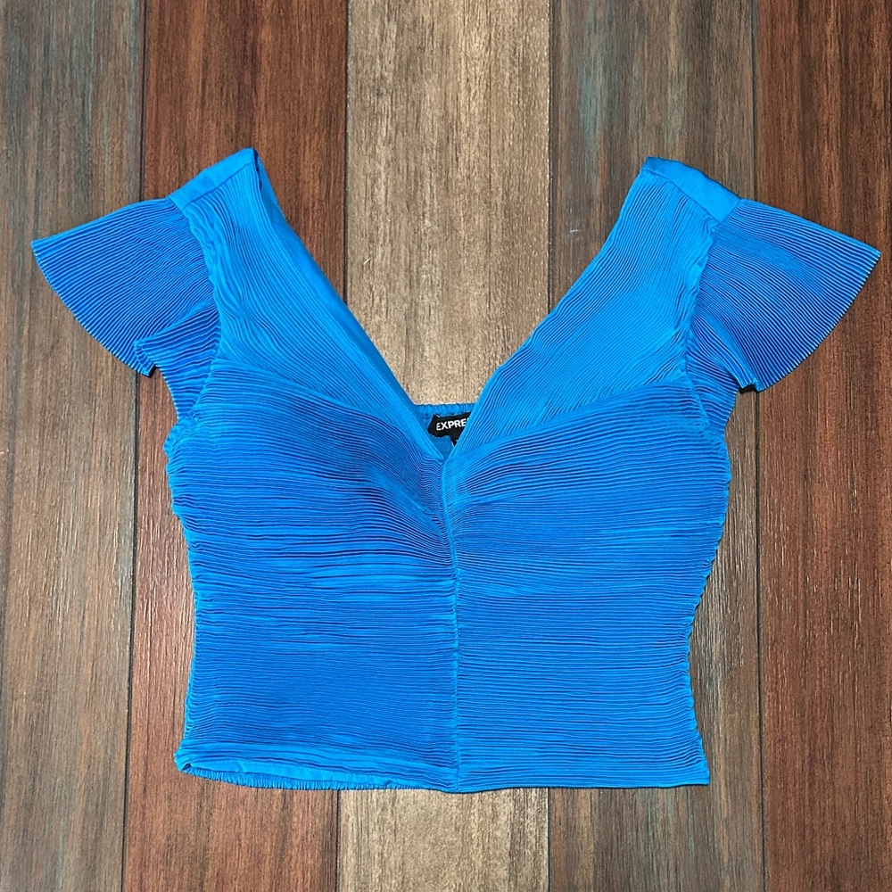 Express Bright Blue Pleated V-Neck Smocked Crop Top – Women’s Size Small NWT